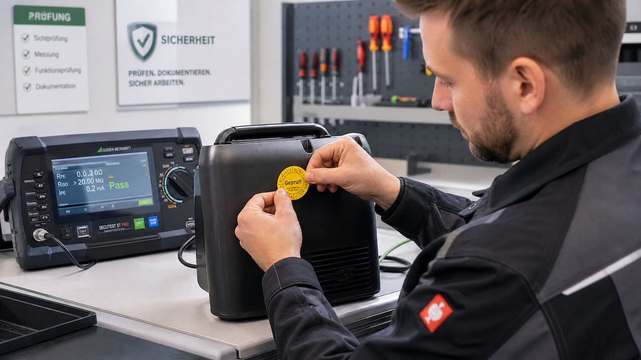 Elektriker vergibt Prüfplakette